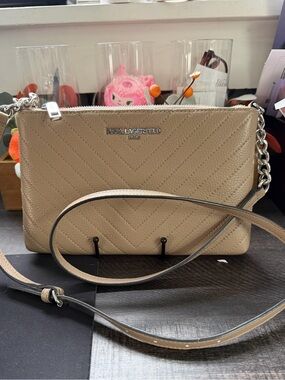 Karl Lagerfeld Taupe Chevron Quilted Crossbody Bag with Silver Hardware